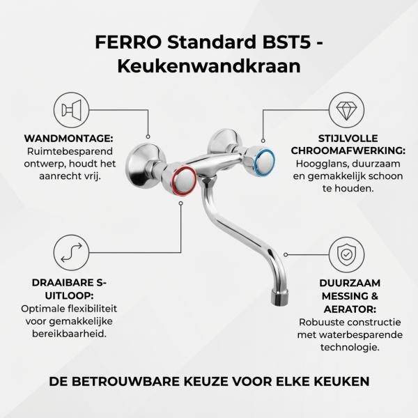 Ferro Standard BST5 | Keukenwandkraan met draaibare S-uitloop & stijlvolle chroomfinish - Afbeelding 3